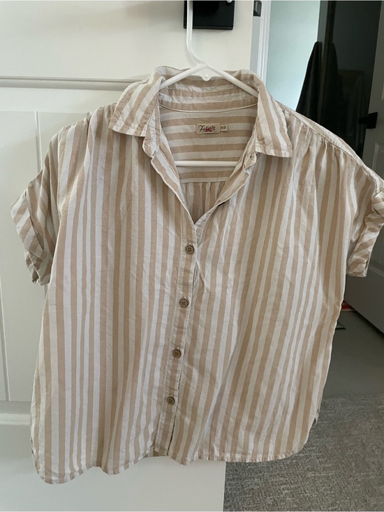 Faherty Tops - Faherty Light Tan and White Striped Short-Sleeve Shirt